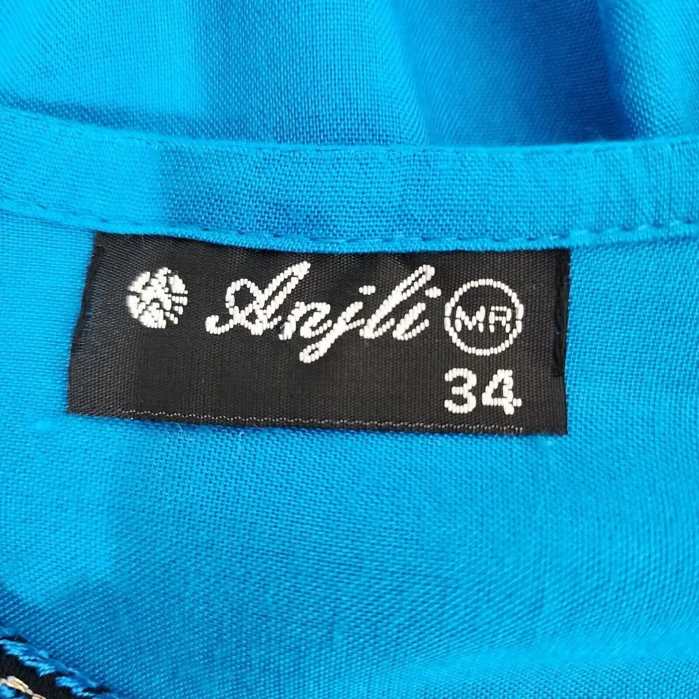 ANJLI Women's Top Size 34 Blue Black Pink Embroidered 3/4 Sleeve Blouse V Neck